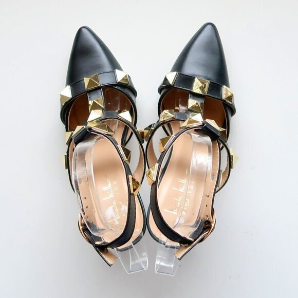 Nicole Miller Selty Black & Gold Pointy Toe Studded Heels / Pumps / Sandals 6.5 - Picture 4 of 16